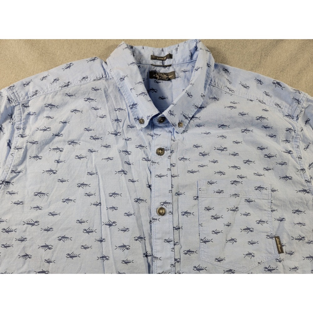 Eddie Bauer Button‎ Up Shirt Mens 2XL Blue Classic Fit Fish Print Cotton